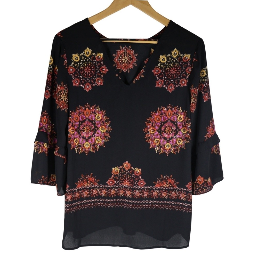 DR2 Mandala‎ Print V-Neck Blouse Black Orange Tiered Bell Sleeve Top Medium Boho